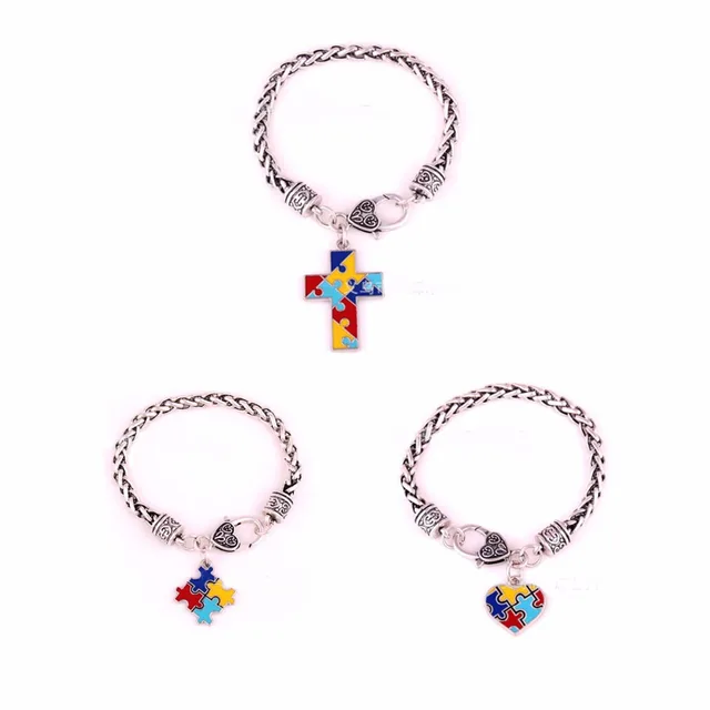 Autism Awareness Puzzle Jigsaw Clic Silver Plated Fashion Square Autism Awareness Puzzle Jigsaw Clic Silver Plated Fashion Square Enamel Charm Bracelet Jewelry