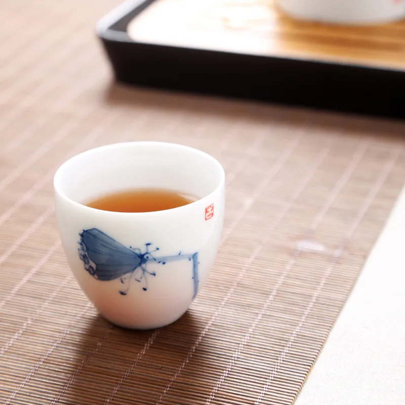 Ручной работы Керамическая ручная роспись синий и белый фарфор кунг-фу чашки высокий белый фарфоровый чай чашки домашний стиль чашки