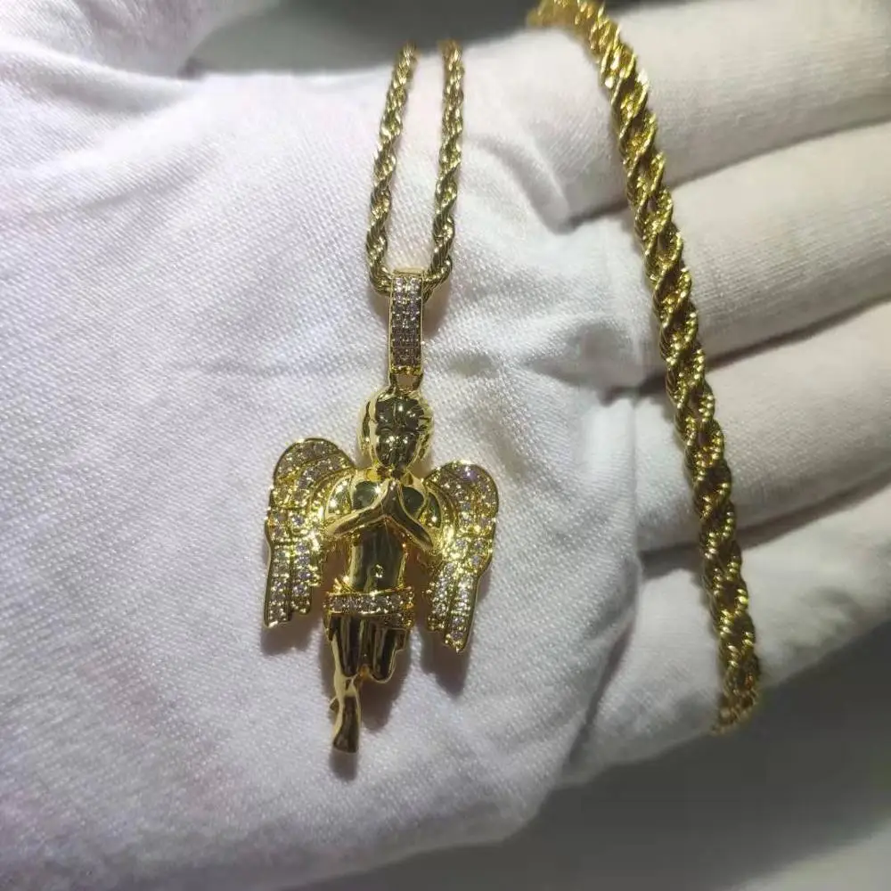 

Hip Hop AAA CZ Stone Paved Bling Ice Out Little Angel Pendants Necklace for Men Rapper Jewelry with 24inches Rope Chain