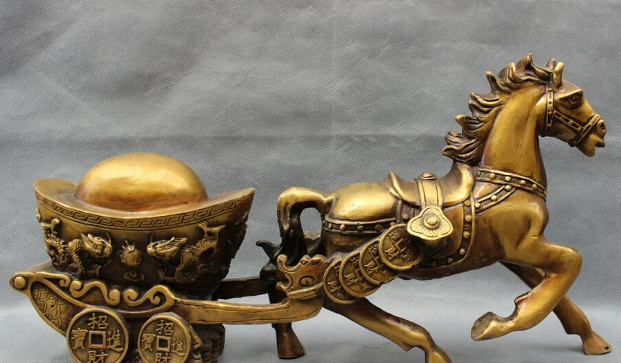 

S3110 16" Chinese Bronze Wealth Coin horse-drawn RuYi Dragon YuanBao Horse Statue D0318