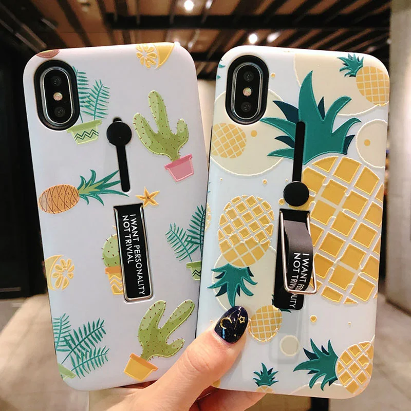 Hide Ring Stand Holder Case For iPhone 7 8 6 6s Plus Pineapple leaf Marble Phone Cases For iPhone X XS PC Back Cover