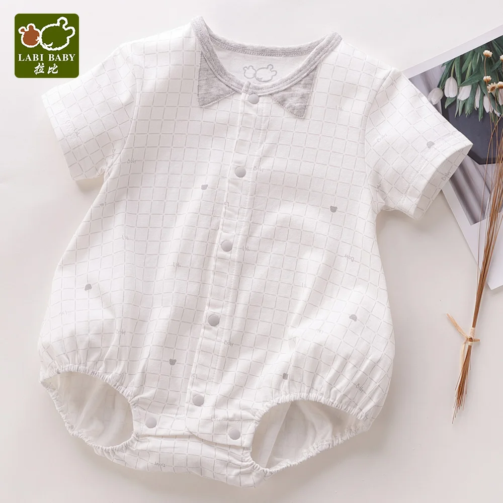 LABIBABY Beige Short Sleeve Bodysuits Plaid Anti Collar Single-breasted Unisex One Pieces Summer Clothes for Infant Boys &amp Girls |