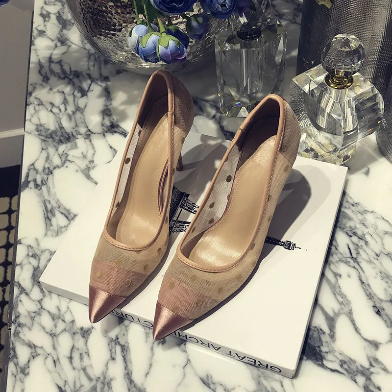 

Zapatos mujer 2019 thin high heels pumps breathable mesh pointed toe slip on female scarpin polka dot party wedding women shoes