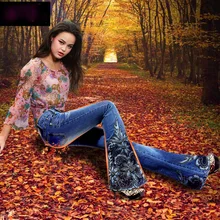 Весенние роскошные вышитые бисером джинсы со средней талией, большие расклешенные женские сапоги с вышивкой, кружевные расклешенные джинсы, джинсовые брюки