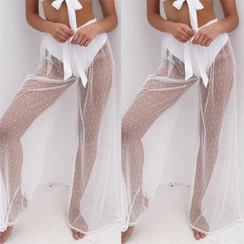 

Women's Transparen Mesh Sheer Pants Elastic Mid Waist Pants Ladies Loose Wide Leg Pants Long White Pants Beach Party Wear Summer