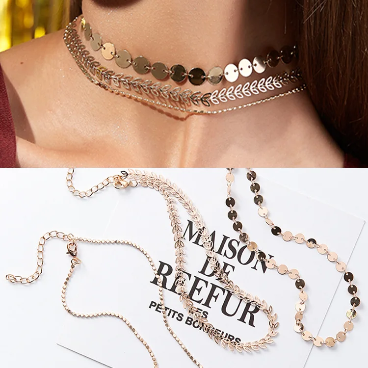 Mix and match wind multi layer sequins short necklace Chaozhou people wear leaf chips clavicle Necklace Choker jewelry. | Украшения и