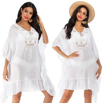

2019 Women Swimsuit Cover Up crochet ruffles Kaftan Beach Tunic Dress Robe De Plage Solid White Cotton Pareo Beach Cover Up