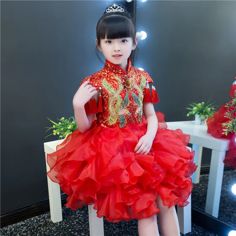 Красное платье для девочек Cheongsam Qipao платье принцессы платья Модная одежда для детей, Детская мода китайское платье-пачка миниатюрная юбка для танцев Детский костюм для вечеринок 0-8 лет; сезон осень-зима, одежда для детей «Cheongsam»