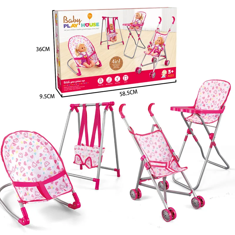 4 in 1 Baby Kids Folding Chair Dining Chair Swing Stroller Crib Bed Dolls Toys Set Gift Box Simulation Game Toys 4 in 1 Baby Kids Folding Chair Dining Chair Swing Stroller Crib Bed Dolls Toys Set Gift Box Simulation Game Toys