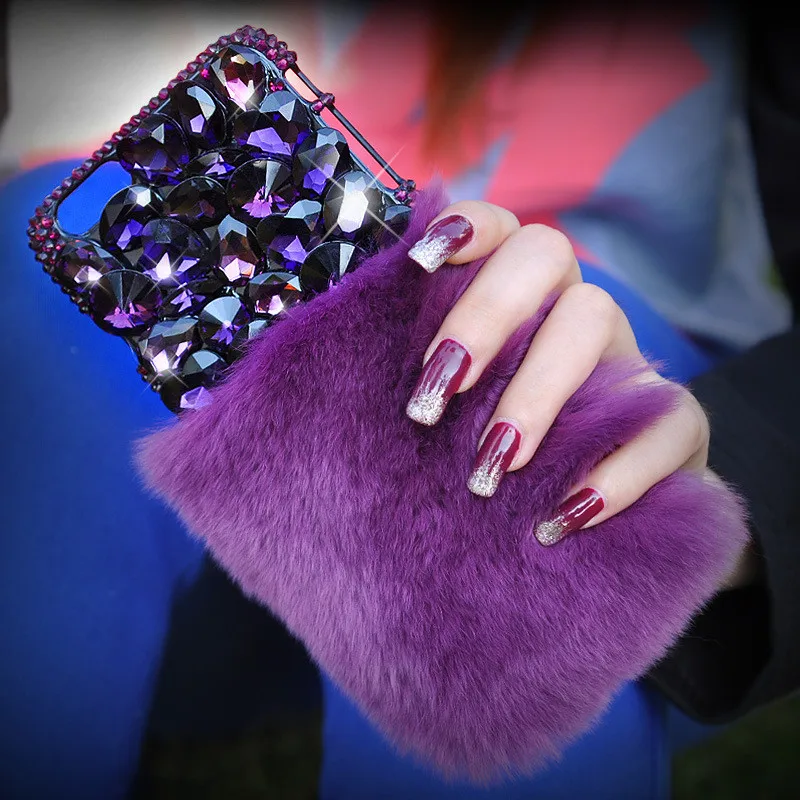 Warm Purple Rabbit Fur Bling Diamond Rhinestone Case For iPhone 6 6S/6 Plus/6S Plus/7 Plus Back
