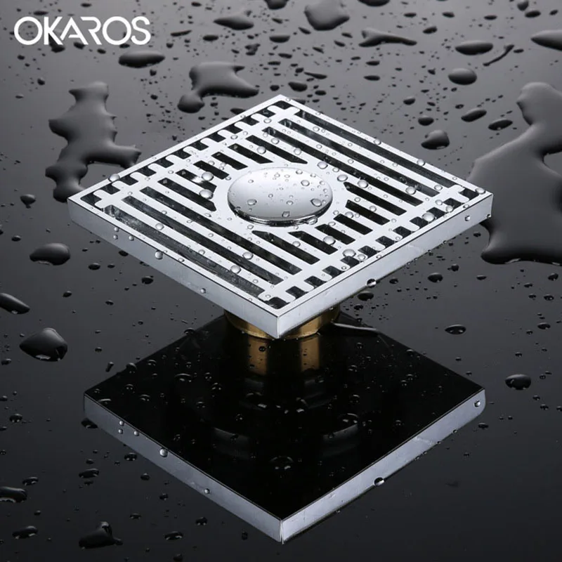 OKAROS 10*10cm Square Shower Floor Drain Brass Chrome Finish Anti odor