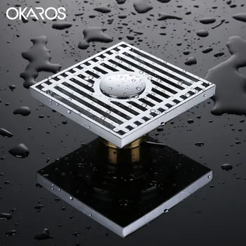 

OKAROS 10*10cm Square Shower Floor Drain Brass Chrome Finish Anti-odor Shower Waste Water With Hair Strainer Floor Drain Cover