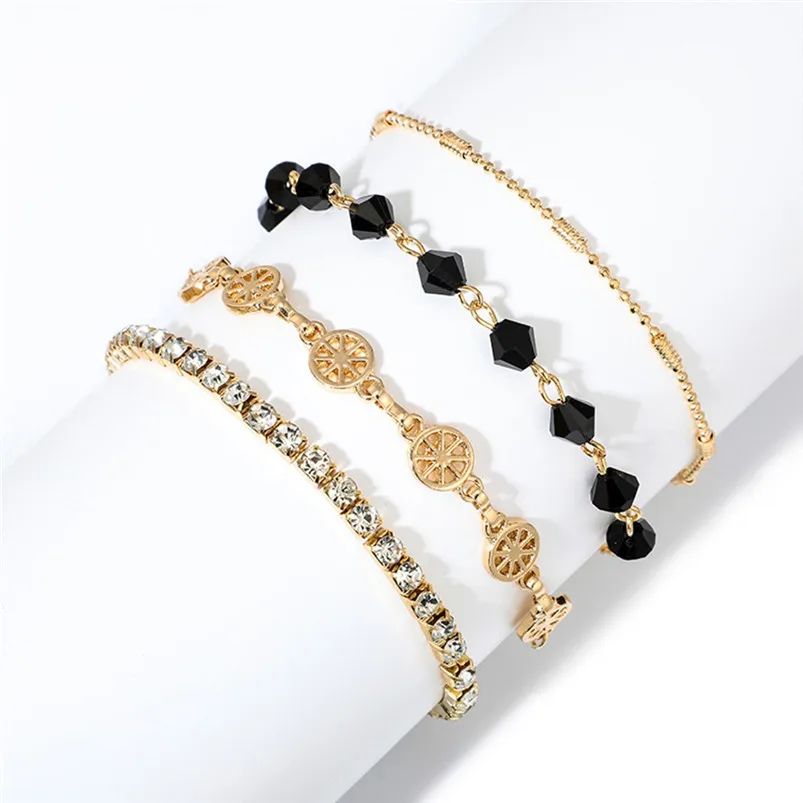 Black Drill Bracelets String Wristlet Elastic Wristband Rope Hollow Bracelet Of 4 Pieces Flawless Jewelry Accessories F14 (8)