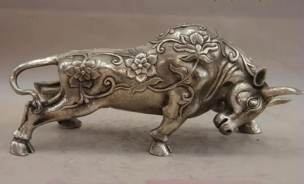 

China White Copper Silver Animal Decorative pattern Flower Cattle OX Bull Statue