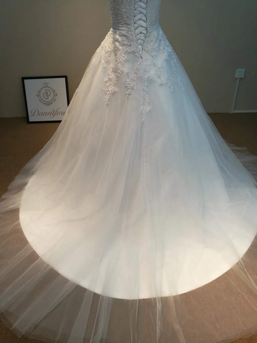 Lace Pearls Appliques Off The Shoulder Ball Gown Wedding Dress