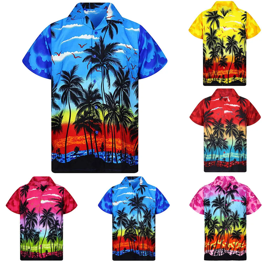Новые мужские Гавайские рубашки, модные мужские повседневные пляжные рубашки с коротким рукавом на пуговицах с принтом Гавайи, быстросохнущие блузы, M-3XL, четыре цвета
