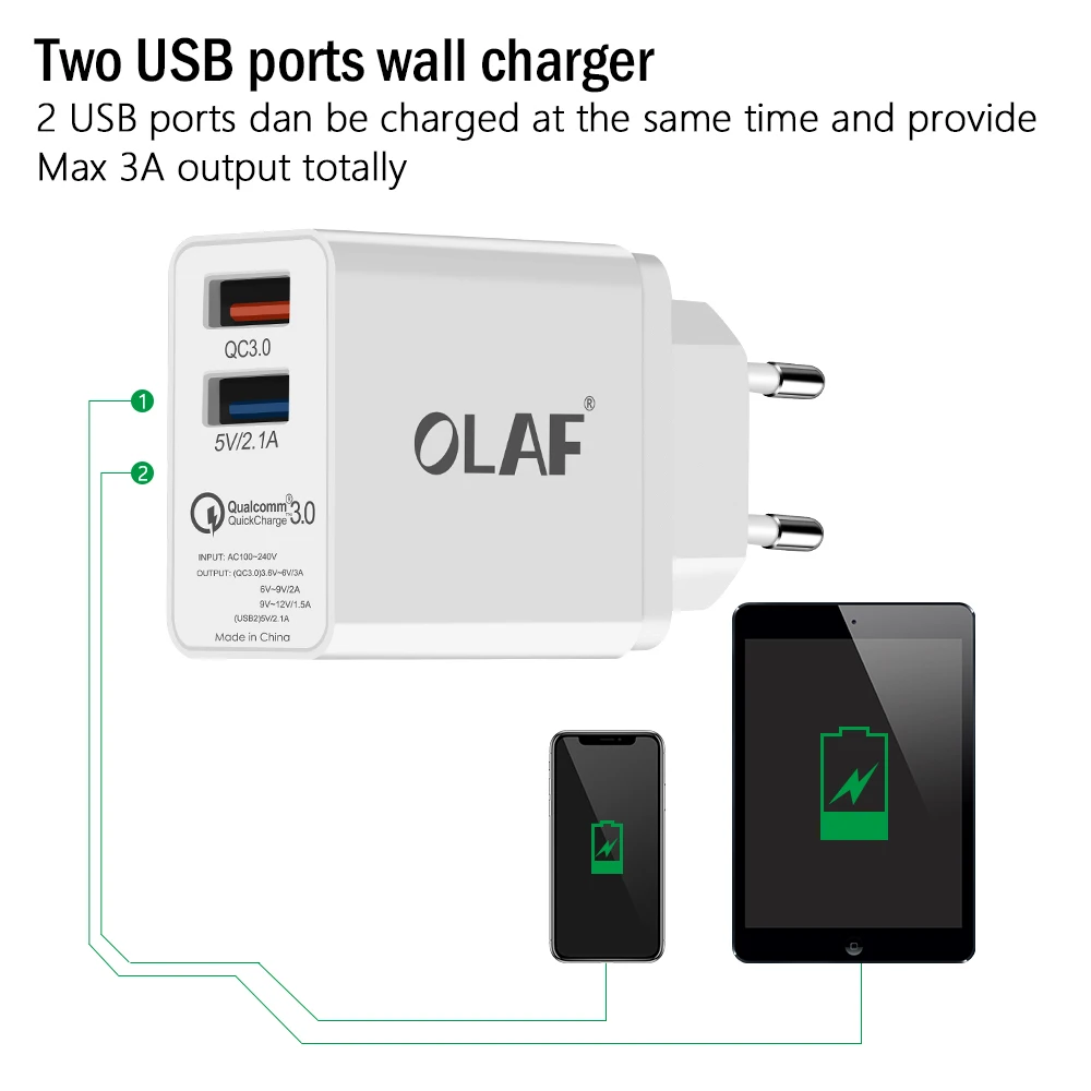 Зарядное устройство OLAF с двумя портами USB, 30 Вт, быстрая зарядка 3,0, зарядное устройство для мобильного телефона, для путешествий, штепсельная вилка европейского стандарта, настенный адаптер, магнитный кабель Micro USB