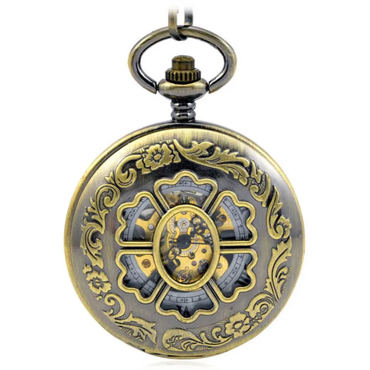 Relógios de Vento Mecânica dos Homens Clássica para Mulheres Brown Antique Steampunk Bolso Fob Mão Relógios Relógio Pingente Escultura Pétala &