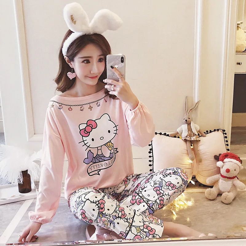 Рисунок «Hello Kitty» Пижамный комплект для Для женщин Сладкий Домашняя одежда костюм пуловер с длинными рукавами комплект из 2 частей пижамы с