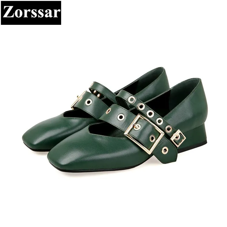 

{Zorssar} brand Real leather spring Fashion womens pumps square toe high heels Mary Jane shoes low heel ladies shoes Green