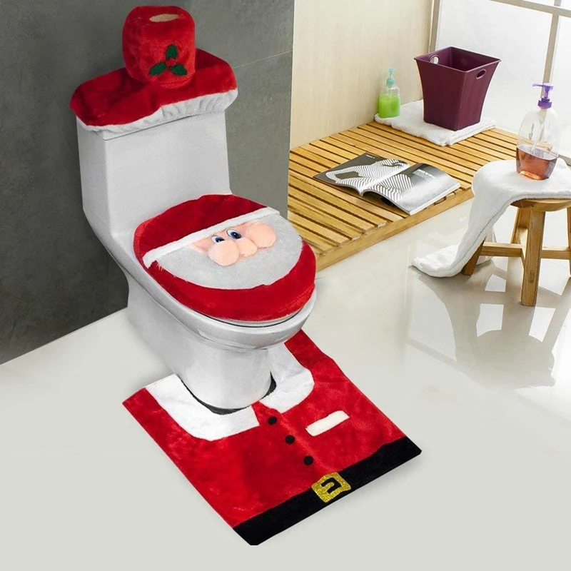 Christmas Toilet Hat Set Ornaments New Year Christmas Decorations Santa Claus Toilet Seat Cover Holder Foot Pad Festival Decor