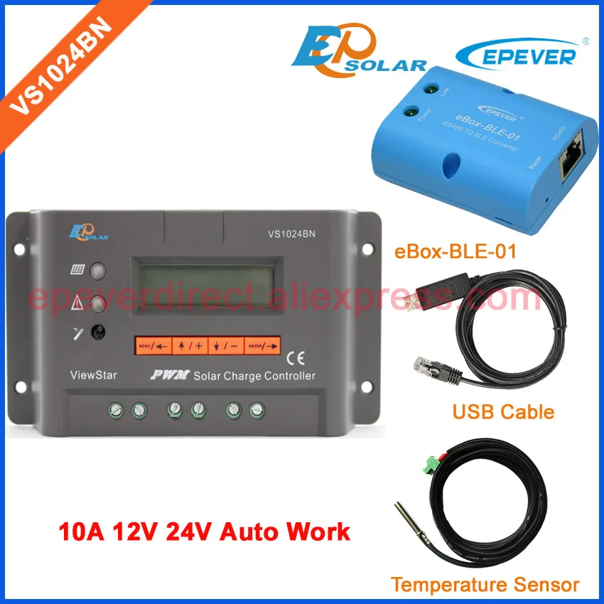 

eBOX-BLE-01 for Android phone APP use VS1024BN 10A 10amp solar controller with temperature sensor 12V 24V system PWM controller