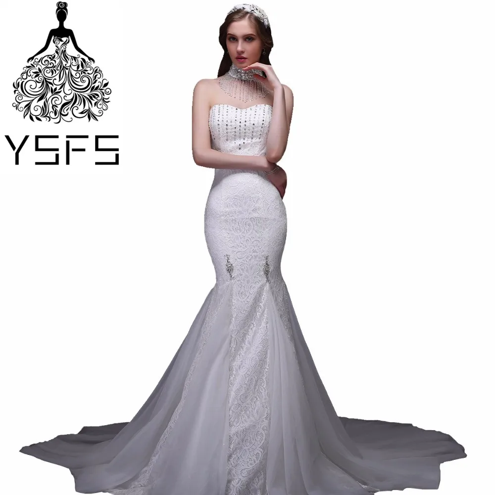 Sexy New Arrival Elegant High Neck Mermaid Wedding Dresses Appliques Beaded Lace up Back Tulle Bridal Vestidos De Novia | Свадьбы и