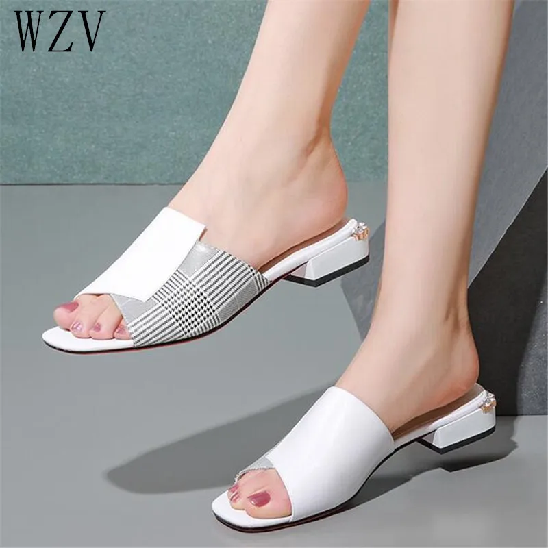 

2019 New Women Summer High Quality Square High Heels Pumps Leather Shoes Woman Sandals Open Toe Stripe Ladies Slippers E883