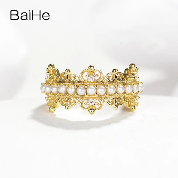 BAIHE твердое кольцо из 14 К желтого золота 2 мм, круглый натуральный пресноводный жемчуг, обручальное кольцо, обручальное кольцо, модное ювелирное изделие, подарочное кольцо