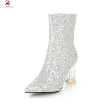

Original Intention Gorgeous Women Boots Bling Sexy Pointed Toe Round Heels Boots Black Silver Gold Shoes Woman US Size 3-10.5