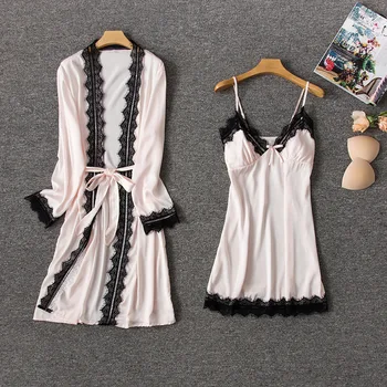 

Fashion sexy women's robe & gown sets twinest bathrobe + mini night dress two pieces sleepwear womens sleep set faux silk