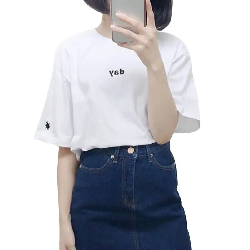 Summer Women T shirt Harajuku style Day and Night Embroidery Female T-shirt Short Sleeved Tops | Женская одежда