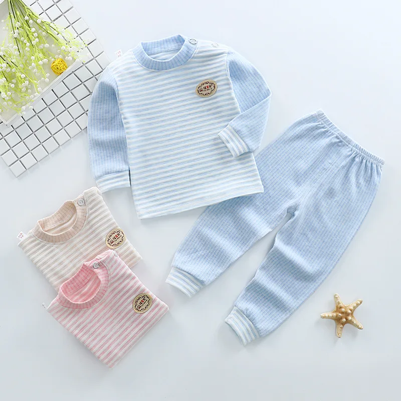 

Pajamas Children Set Strip Blue Pink Khaki Baby Long Sleeves Cotton Family Pullover Clothing Sets Kid Autumn Winter Suit