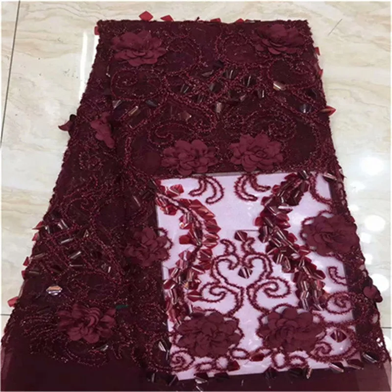 

(5yards/lot ) 2019 New High quality wine red Velvet African tulle lace French net lace fabric with 3d Sequins for party dress