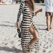 Striped Long Sleeve Beach Style Dress 2019 Summer Hot Sundress Swimwear Women Blouse Sunscreen Dress Lace Cover Up Dress T8 lace up striped dress