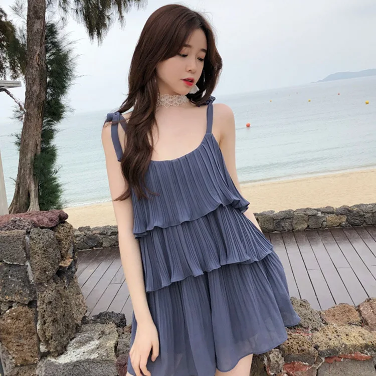 

Women Off Shoulder Blouse Ruffles Chiffon Spaghetti Strap Tanks Camis two-piece Flare Shorts Sweet Shorts Skirts korean style
