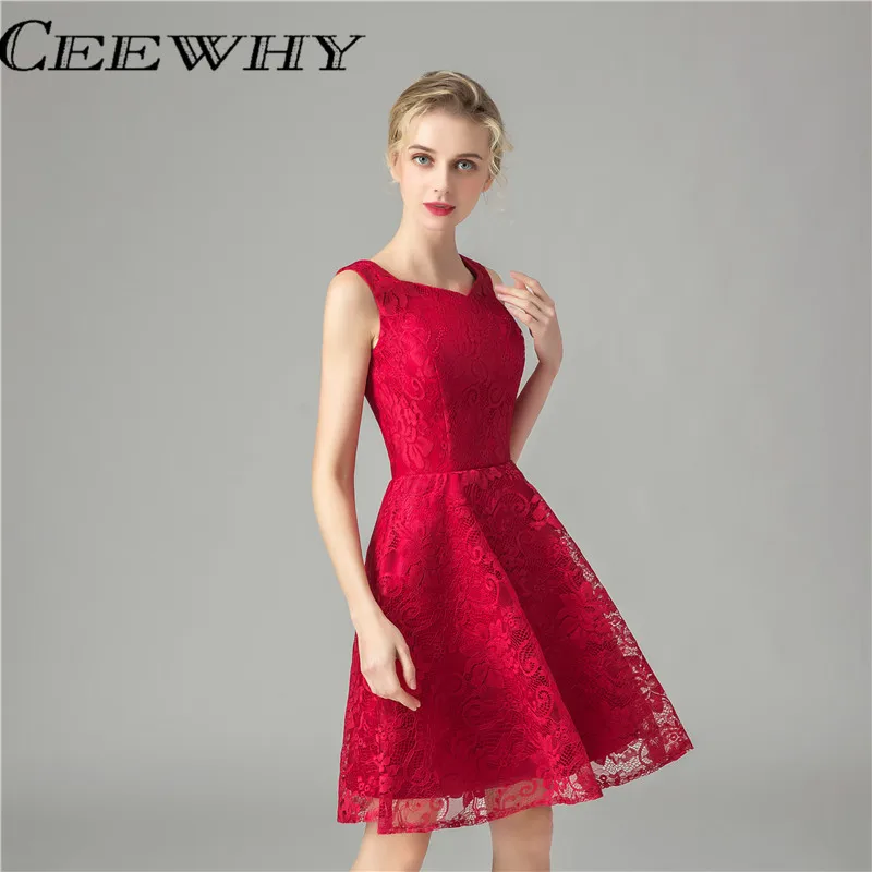 

CEEWHY Burgundy Women Formal Gowns Short Party Dresses Knee Length Elegant Cocktail Dresses Embroidery Lace Homecoming Dresses