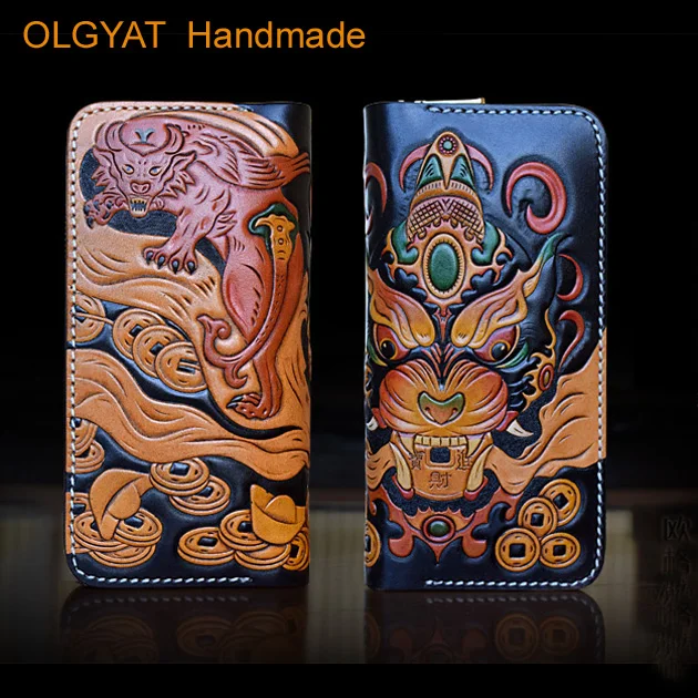 

OLG.YAT men wallets leather Pouches handmade wallet purse genuine leather Hand-carved handbag Chiwen zipper leather bag Pouches