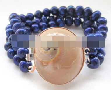 

free shipping 13402 8" 3row 8-9mm blue round freshwater pearl bracelet - shell clasp