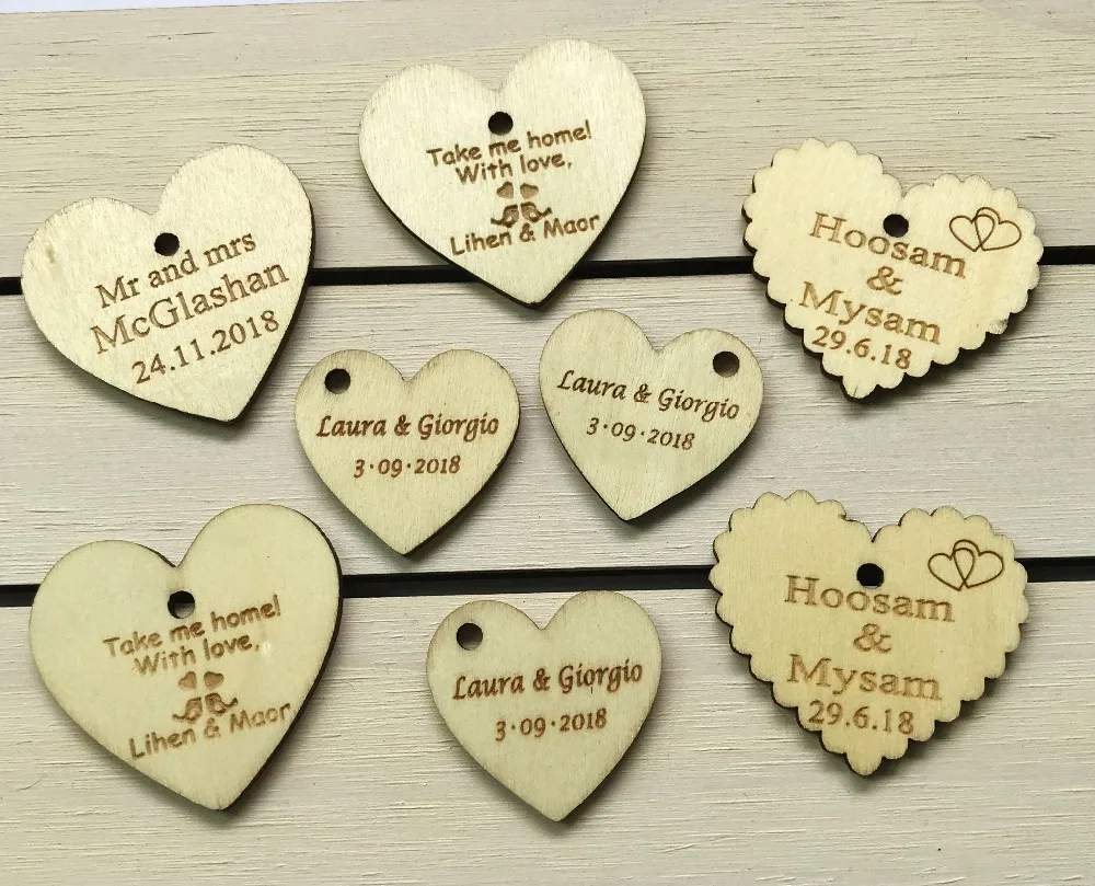 

50pcs Personalized Wood Heart tag Engraved Baby Baptism Hangs Love heart Wedding Gift tag Candy box tag Wedding Party decoration