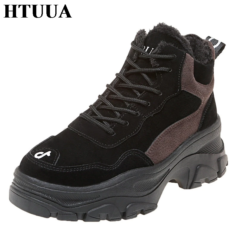 

HTUUA New Ankle Boots for Women Warm Plush Winter Boots Casual Lace-Up Ladies Shoes Platform Sneakers Short Snow Boots SX1845