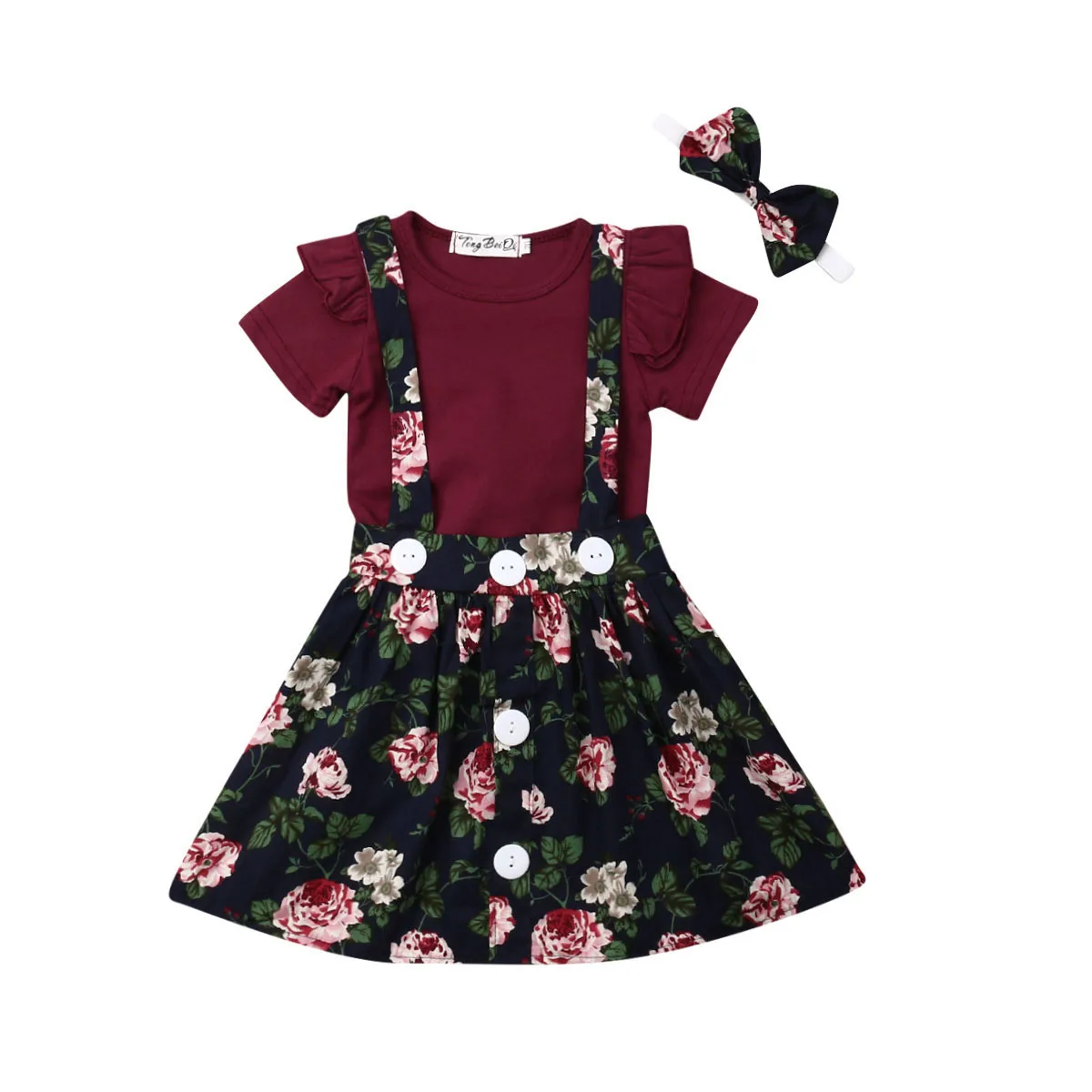 

Toddler Girl Clothes Newborn Baby Girls Tops Short Sleeve Bodysuit Flower Suspender Skirt 3pcs Outfits