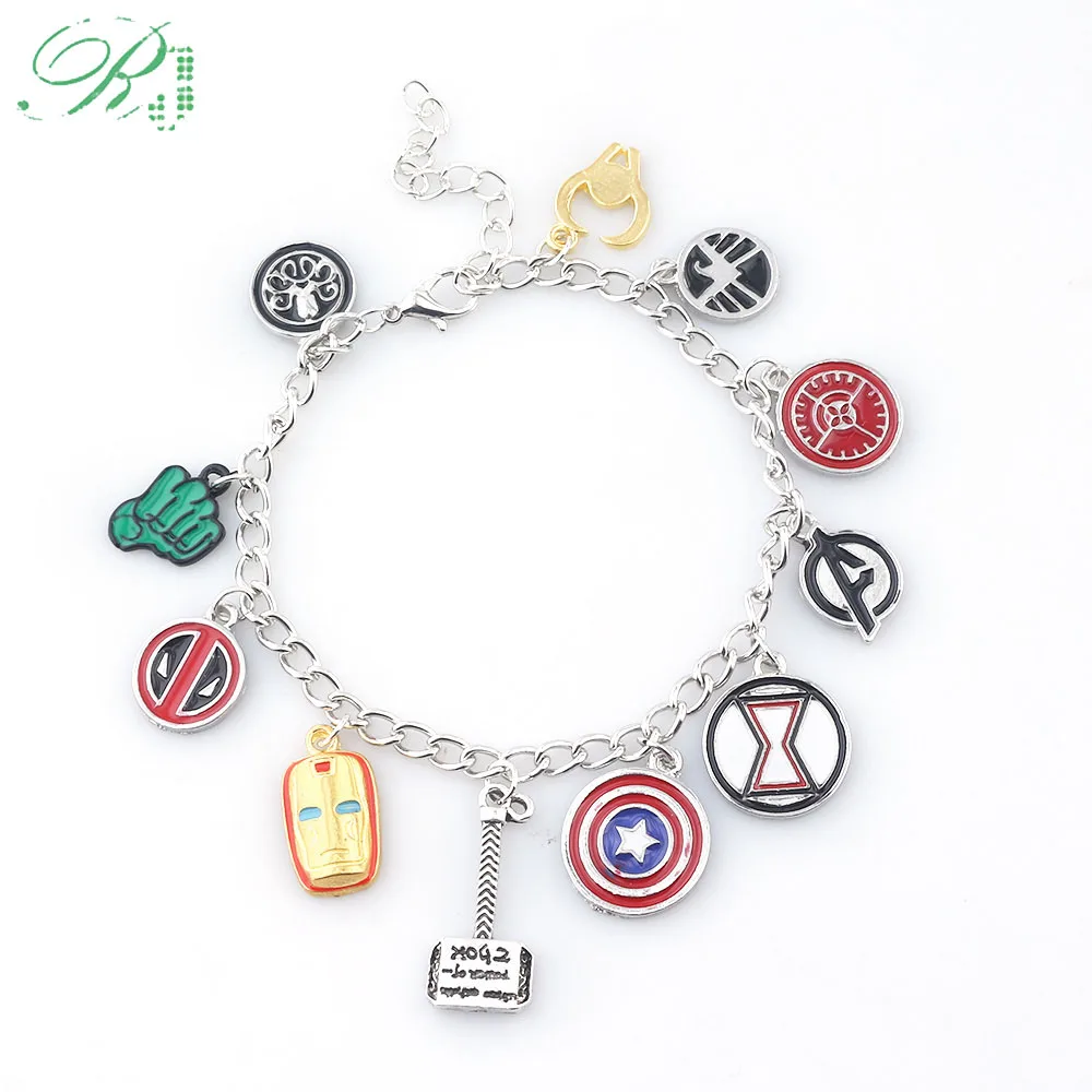 

RJ Hot Movie Avengers Bracelets Iron Man A Letter Thor Deadpool Hulk Red Skull Charms Women Girls Bangles Wristband Jewelry Gift
