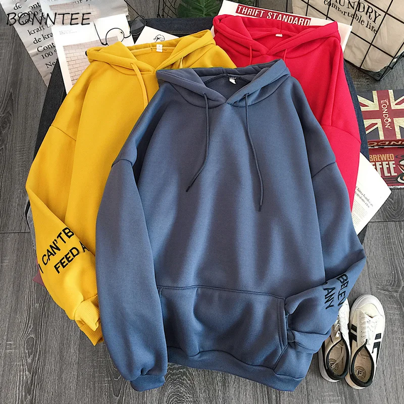 

Hoodies Women Hooded Winter Warm Letter Printed Loose Thicker Plus Velvet Womens Students Simple All-match Korean Style Leisure