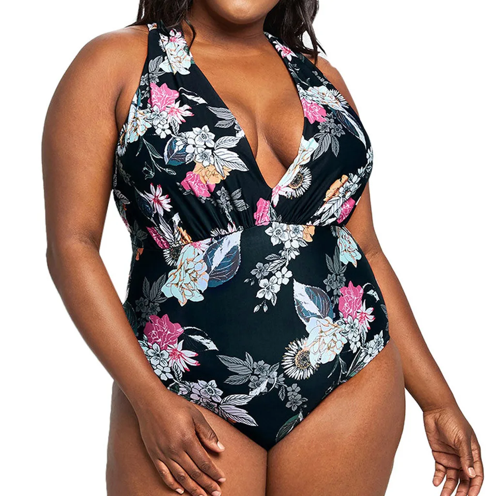 

CHAMSGEND Summer women's large size print V-neck bikini swimsuit fashion sexy beach swimwear one piece swimsuit large size