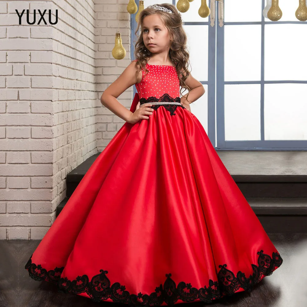 

2019 New Kids Girls Long Red Lace Flower Party Ball Gown Prom Dresses Kid Girl Princess Wedding Children First Communion Dress