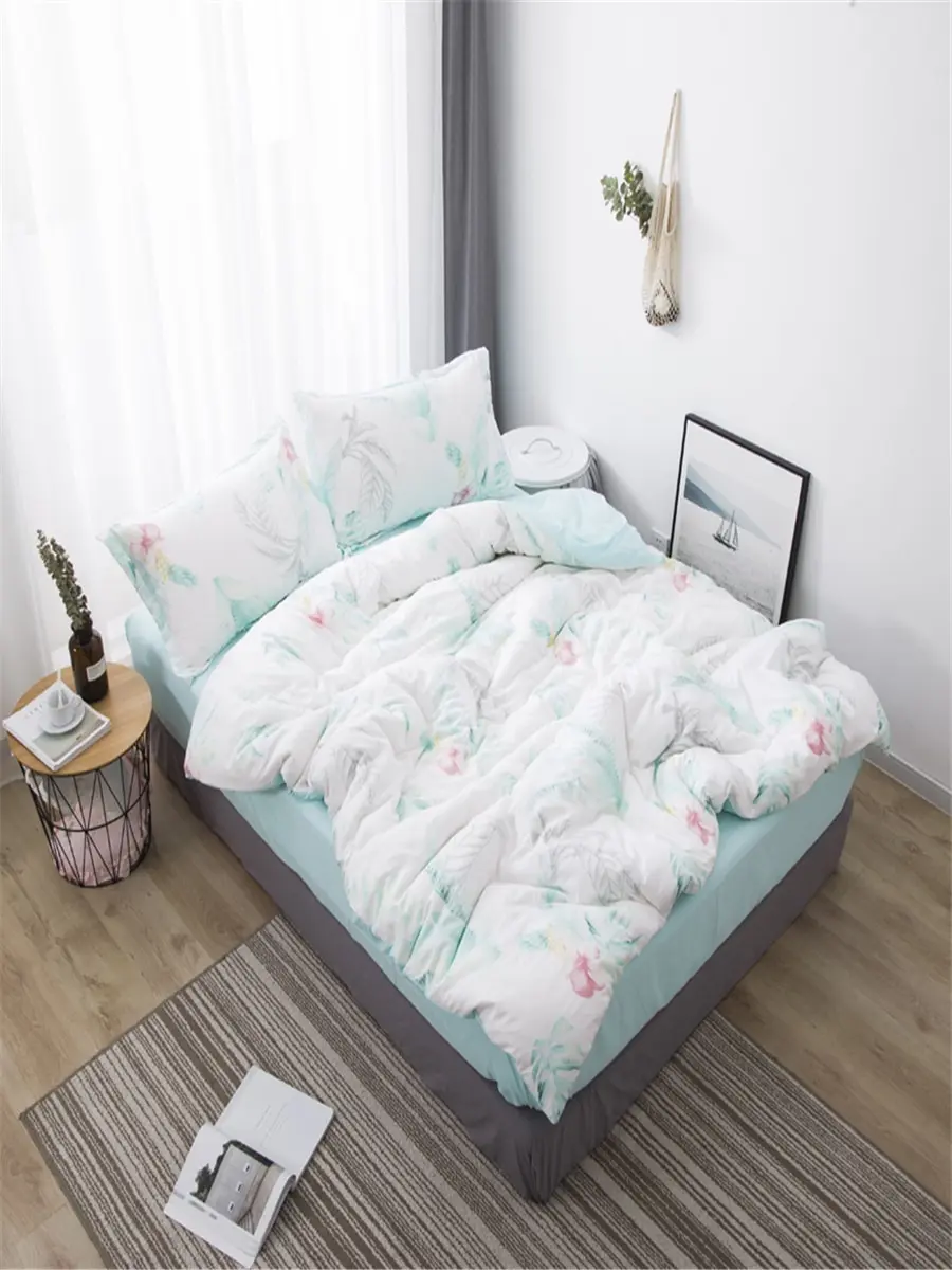

3/4 Pcs Bed Sheet Set Fresh Leaf Flower Pattern Comfy Duvet Cover Set