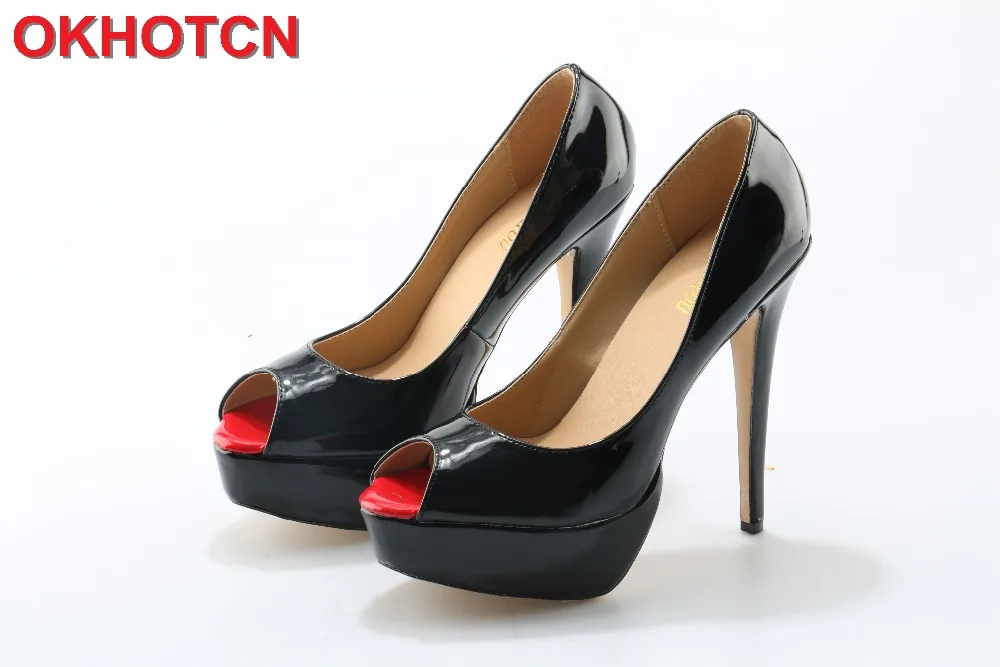 

Nude Black Patent Leather Peep Toe Shoes Woman Platform Super High Heels Open Toe Sexy Dress Party Shoes Customize Women Pumps