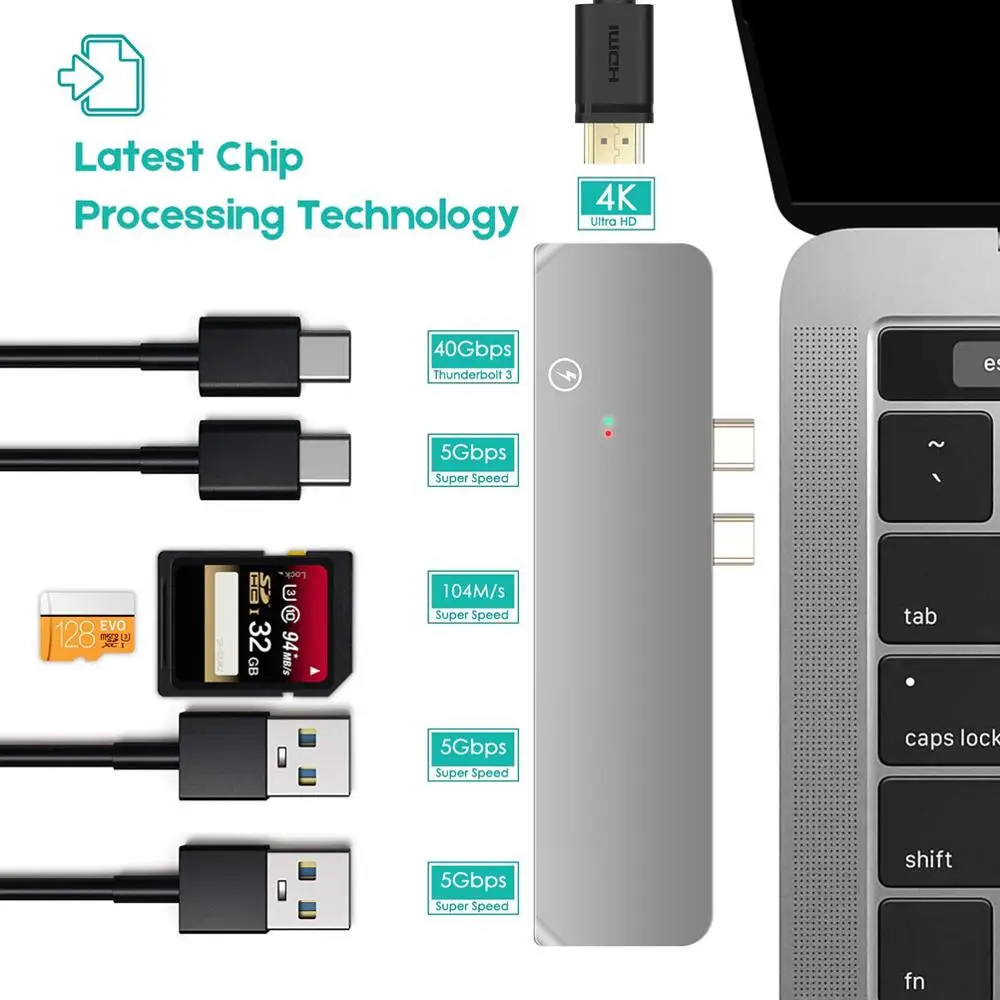 Адаптер USB C Hub Dual Type Thunderbolt 3 для 2017/2018 MacBook Pro с 4K HDMI 2xUSB3. 0 SD и MicroSD кардридер|Адаптеры