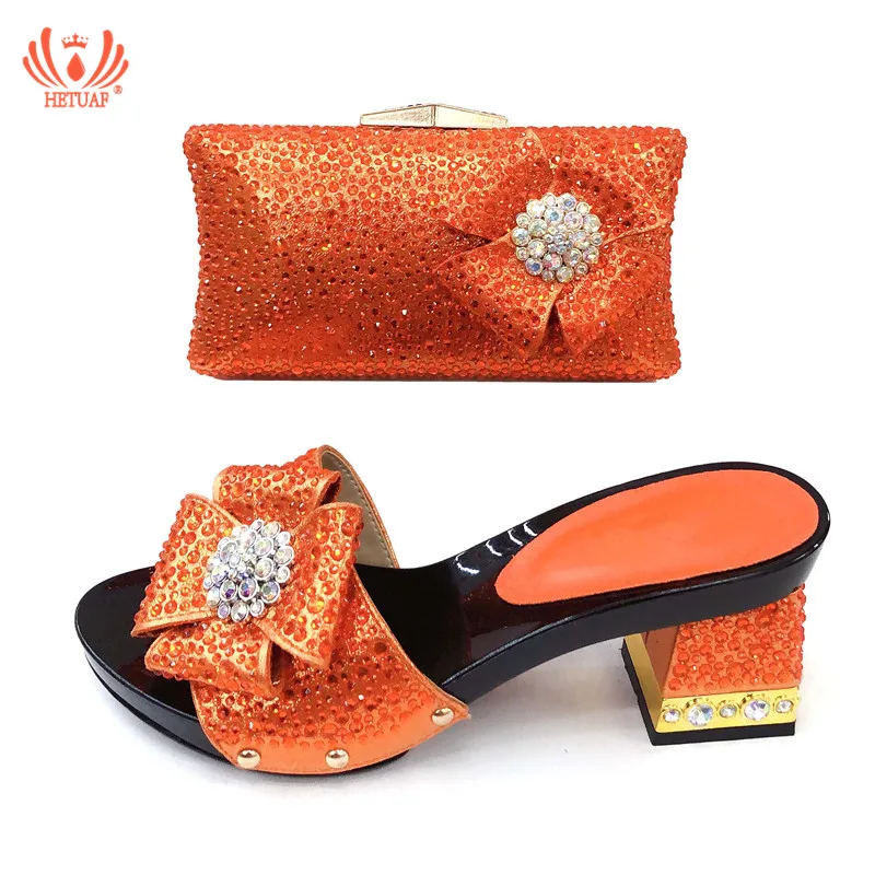 

Orange Shining Crystal Italian Shoes with Matching Bag Sets Lady Low Heels Sandals African Shoes and Bag set for Wedding Party